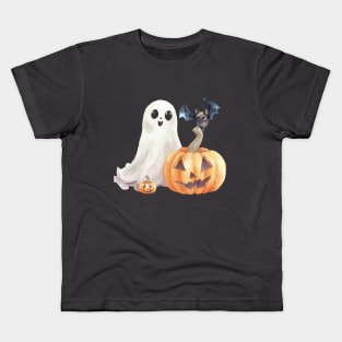 Cute Ghost with Pumpkins and A Bat Kids T-Shirt